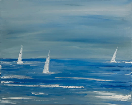 White Wave-Break Blue Sailboats - SOLD