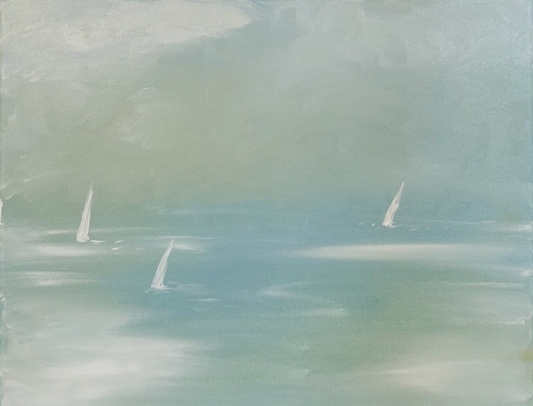 Oil Sunset Sailboats Blue/Green - SOLD