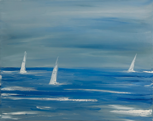 White Wave-Break Blue Sailboats